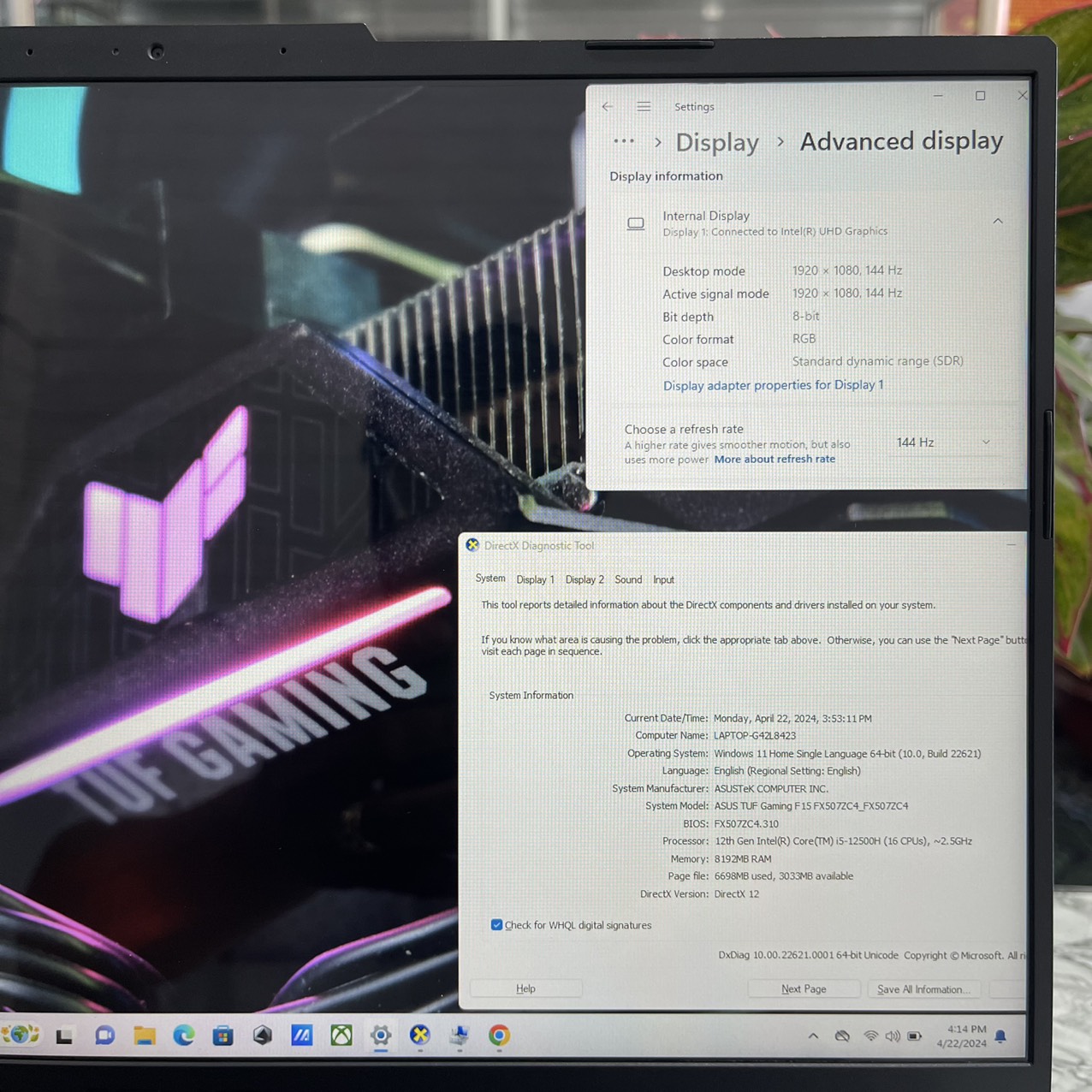   Asus TUF F15 FX507ZC4-HN074W Core I5-12500H Ram 16Gb Ssd 512Gb RTX 3050 4GB Màn 15.6” Fhd 144Hz IPS